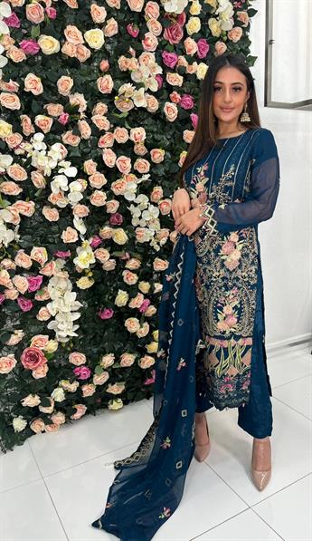 Teal & Pink Sequinned Chiffon 3 Piece Suit