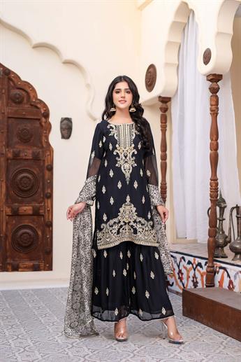 Black & Gold Chiffon Sharara 3 Piece Suit
