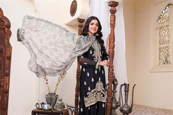 Black & Gold Chiffon Sharara 3 Piece Suit