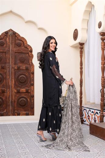 Black & Gold Chiffon Sharara 3 Piece Suit