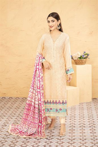 Light Peach Printed Raw Silk Laides 3 Piece Suit