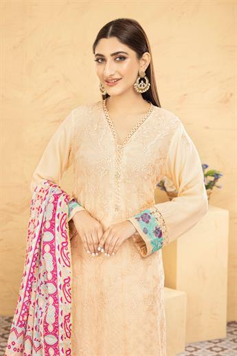 Light Peach Printed Raw Silk Laides 3 Piece Suit
