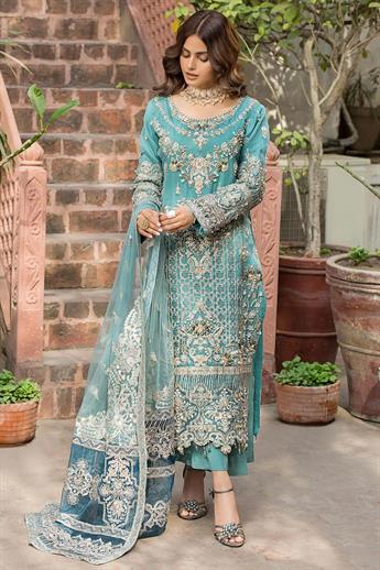 Blue Embroidered Raw Silk Ladies 3 Piece Suit