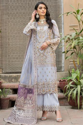Lilac & Gold Embroidered Raw Silk Ladies 3 Piece Suit