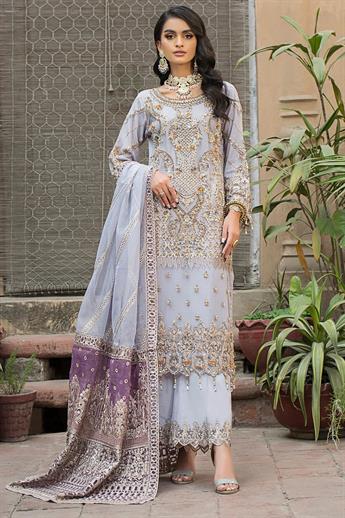 Lilac & Gold Embroidered Raw Silk Ladies 3 Piece Suit