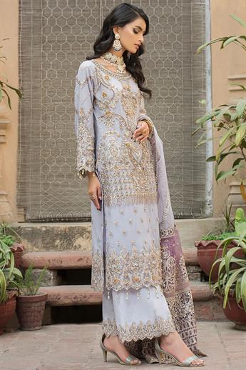 Lilac & Gold Embroidered Raw Silk Ladies 3 Piece Suit