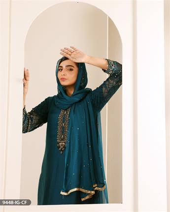 Teal Embroidered Chiffon Ladies Readymade