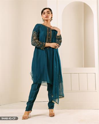 Teal Embroidered Chiffon Ladies Readymade