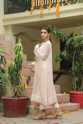 Pink Embroidered Raw Silk Ladies Readymade