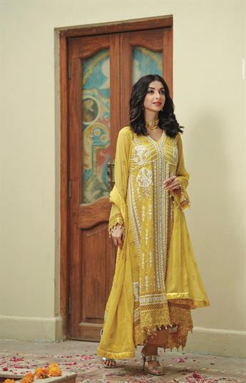 Yellow Embroidered Raw Silk Ladies Readymade