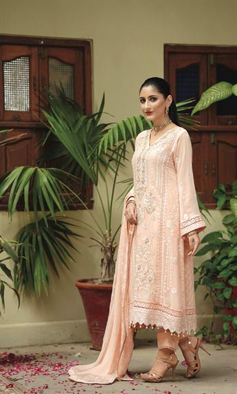 Peach Embroidered Raw Silk Ladies Readymade