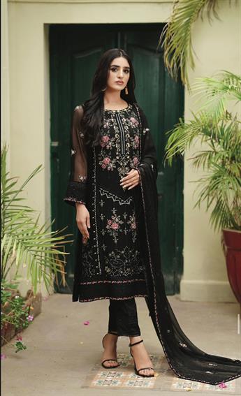Black Embroidered Raw Silk Ladies Readymade