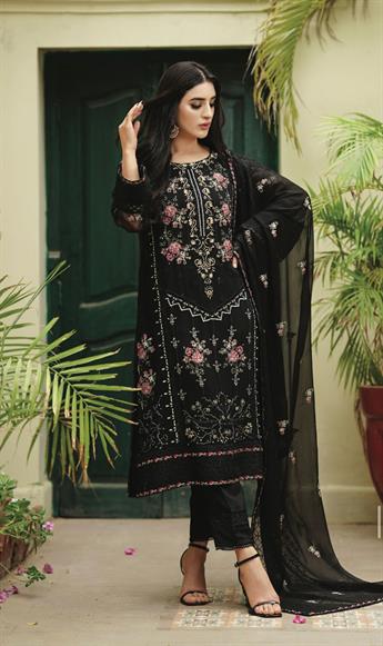 Black Embroidered Raw Silk Ladies Readymade