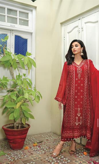 Red Embroidered Raw Silk Ladies Readymade