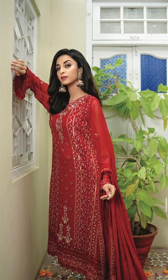 Red Embroidered Raw Silk Ladies Readymade