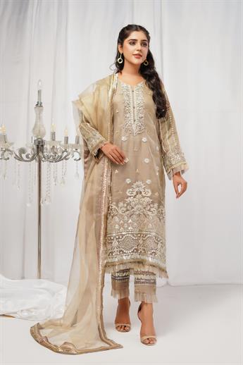 Beige Gold Embroidered Net Ladies Readymade