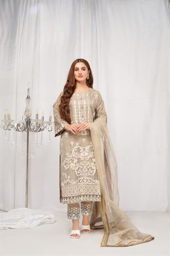 Beige Gold Embroidered Net Ladies Readymade