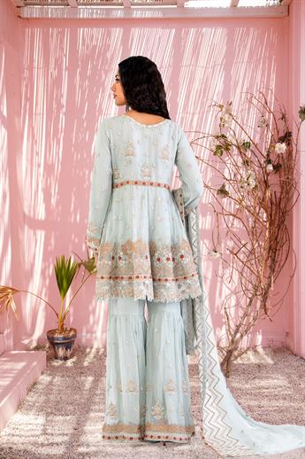 Mint Pure Chiffon Peplum 3 Piece Suit with Gharara and Duppatta