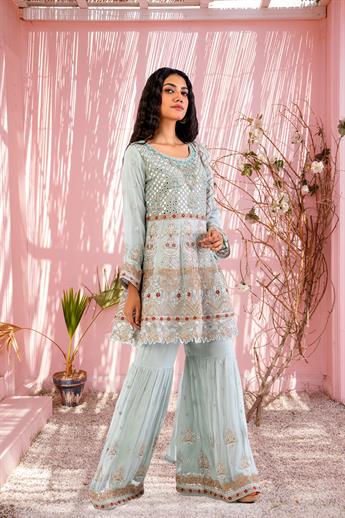 Mint Pure Chiffon Peplum 3 Piece Suit with Gharara and Duppatta