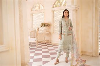 Mint Printed 3 Piece Khaadi Net Shirt Suit with Silk Trouser and Dupatta