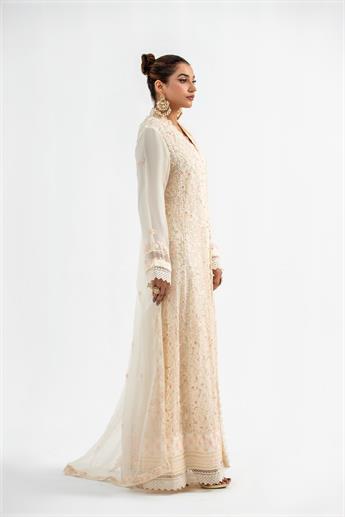 Cream Embroidered Raw Silk Maxi Ladies Readymade