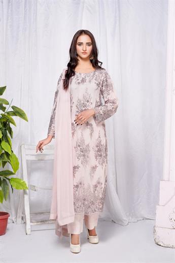 Rose Gold Embroidered Kameez with Viscose Trouser and Chiffon Dupatta