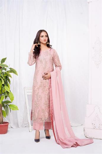 Pink Embroidered Lace Kameez with Viscose Trouser and Chiffon Dupatta