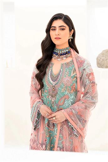 Aquamarine Embroidered Raw Silk Ladies Readymade