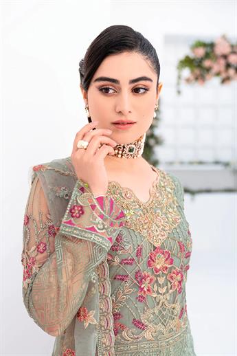 Mint Embroidered Raw Silk Ladies Readymade