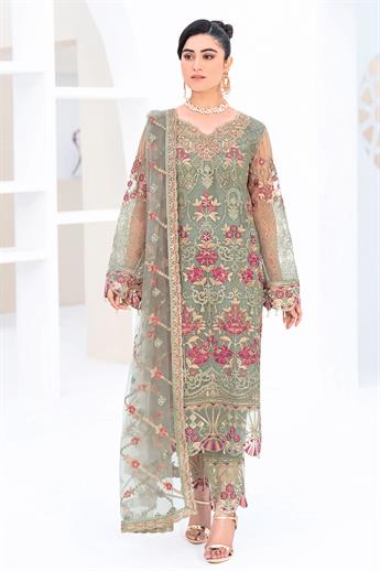 Mint Embroidered Raw Silk Ladies Readymade
