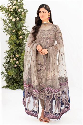 Beige Embroidered Raw Silk Ladies Readymade