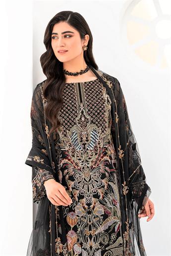 Black Embroidered Raw Silk Ladies Readymade