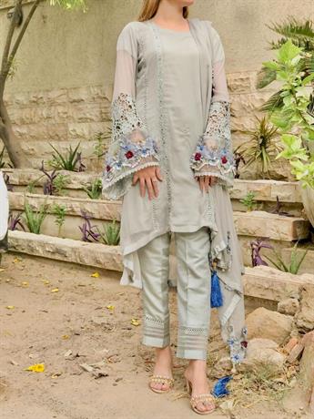 Mint Blue Chiffon Peplum Suit with Heavy Embroidered Sleeves