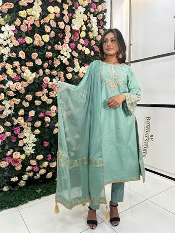 Mint Pearl Embroidered Kameez with Chiffon Dupatta and Trouser