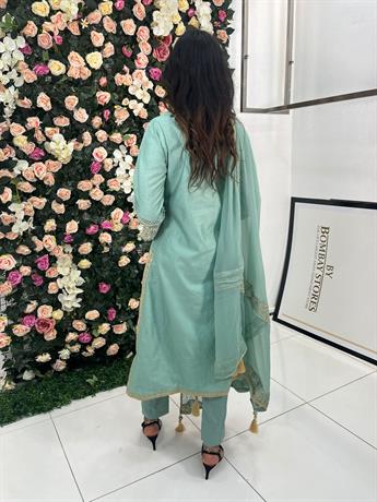 Mint Pearl Embroidered Kameez with Chiffon Dupatta and Trouser