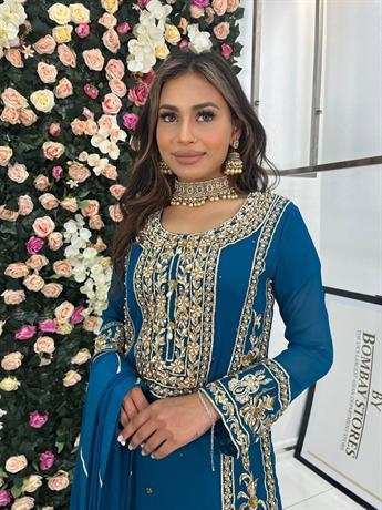 Teal Embroidered Kameez with Chiffon Dupatta and Viscose Trouser