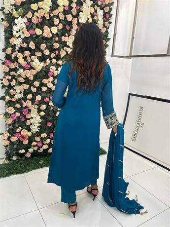 Teal Embroidered Kameez with Chiffon Dupatta and Viscose Trouser
