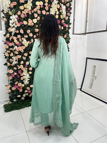Mint Mirror Work Angrakha Dress with Masoori Cotton Fabric