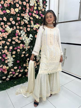 Cream Embroidered Stunning Color Chiffon Gharara Suit