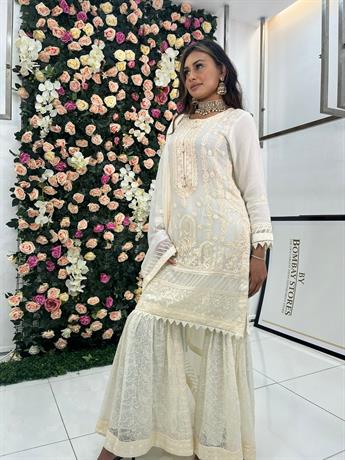Cream Embroidered Stunning Color Chiffon Gharara Suit