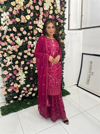 Magenta Chiffon Megenta Heavy Embroidered Gharara Suit