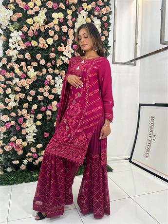 Magenta Chiffon Megenta Heavy Embroidered Gharara Suit