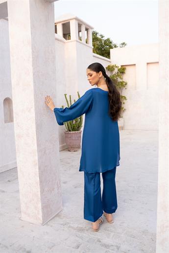 Royal Blue Designer Raw Silk Top with Bell Bottoms
