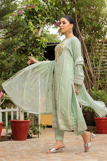 Mint Embroidered Raw Silk Luxury Pret 3 Piece Handwork Chiffon Dress
