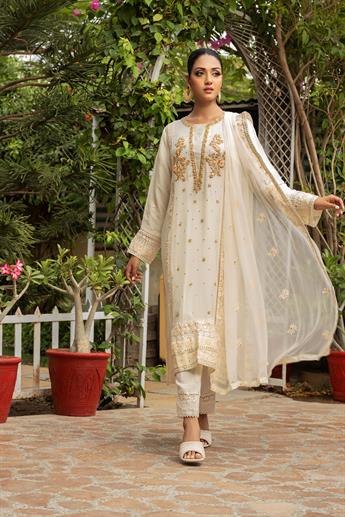 Cream & Pink Embroidered Raw Silk Ladies Readymade