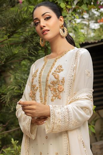 Cream & Pink Embroidered Raw Silk Ladies Readymade