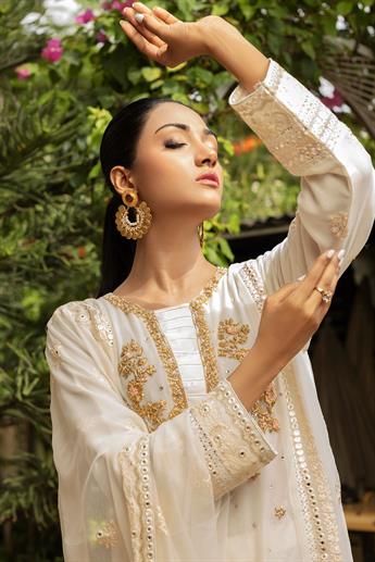 Cream & Pink Embroidered Raw Silk Ladies Readymade
