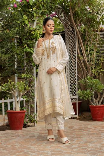 Cream & Pink Embroidered Raw Silk Ladies Readymade