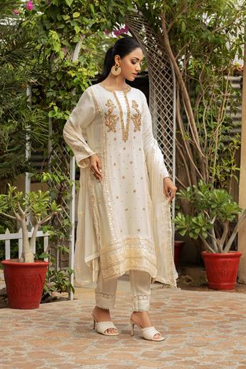 Cream & Pink Embroidered Raw Silk Ladies Readymade