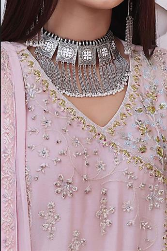 Baby Pink Embroidered Raw Silk Luxury Pret 3 Piece Handwork Chiffon Dresses